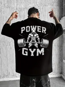 Men's Cool "Power Gym" Bodybuilding Graphic T-Shirt: Black Oversized Tee with Weightlifting Print, Perfect for Fitness Enthusiasts and Street Gym Style Gym Athletic Clothes