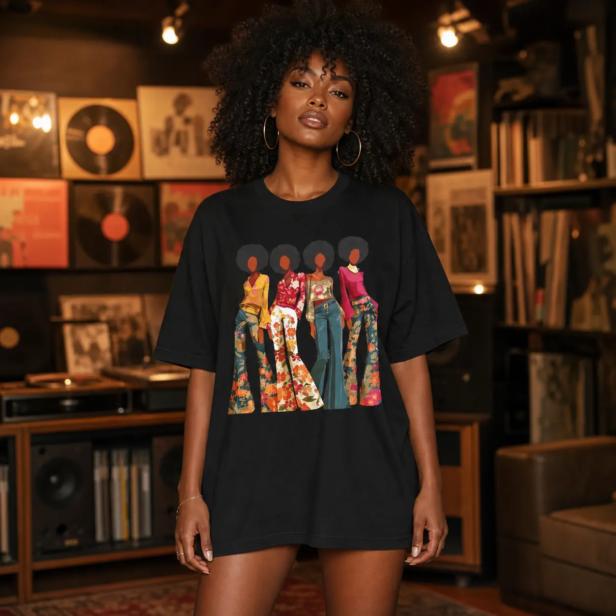 Retro Afro Girls Graphic T-Shirt, 70s Vintage Fashion Women Illustration Tee, Casual Crew Neck Short Sleeve Top