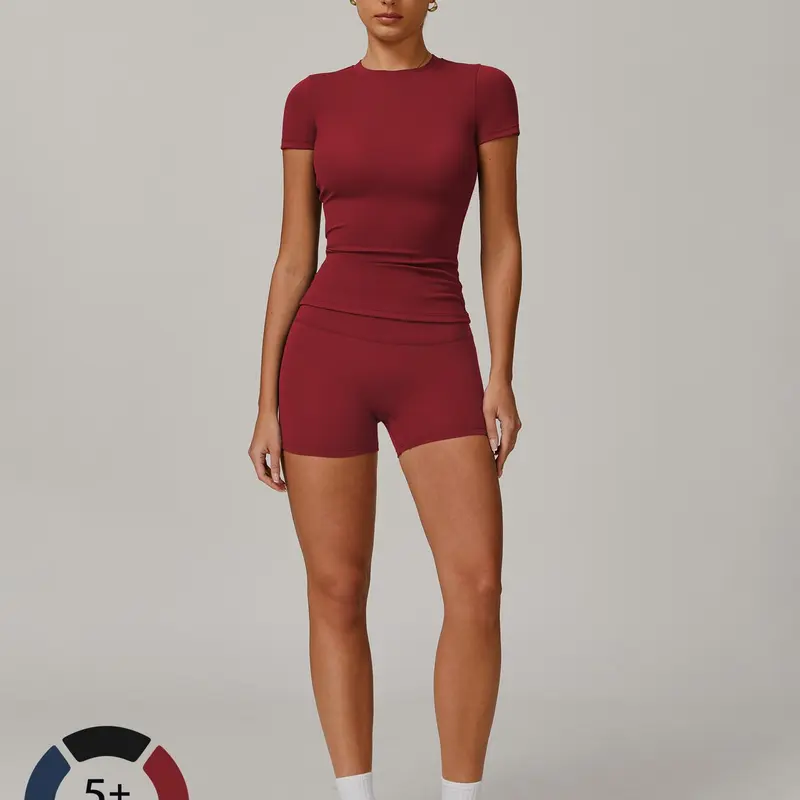 Women's Solid Ribbed Crop Tee & High Waist Shorts Set, Quick Drying for Yoga Gym Workout Running, Ladies Sportswear for All Seasons, Workout Sets Women, Women Workout Clothes, Fitness Clothing, Casual Activewear, Fitness Summer Bottoms