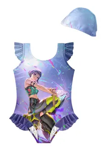 ✨Colorful Neon Style Kids Swimsuit, Cool Girl Stage Print Ruffle Sleeve, Perfect for Pool & Beach Fun