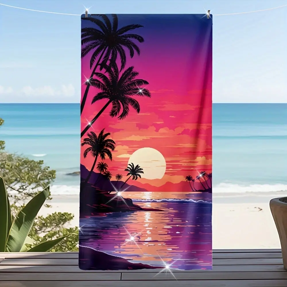 1 piece, Cartoon Coconut Tree Sunset Solar Thermal Style Women's Comfortable Beach Towel with Print, Camping Towel, Fitness Yoga Towel, Swim Towel
