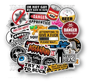 30 funny worksite parody decals for hard hats, tool boxes, and tumblers—durable vinyl, ships fast.