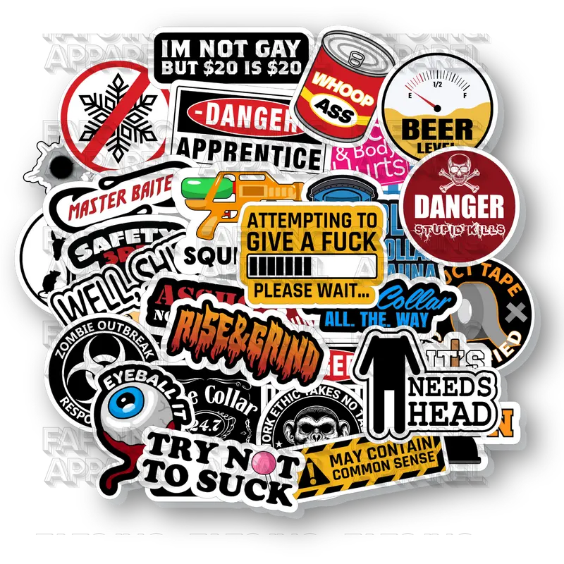 30 funny worksite parody decals for hard hats, tool boxes, and tumblers—durable vinyl, ships fast.