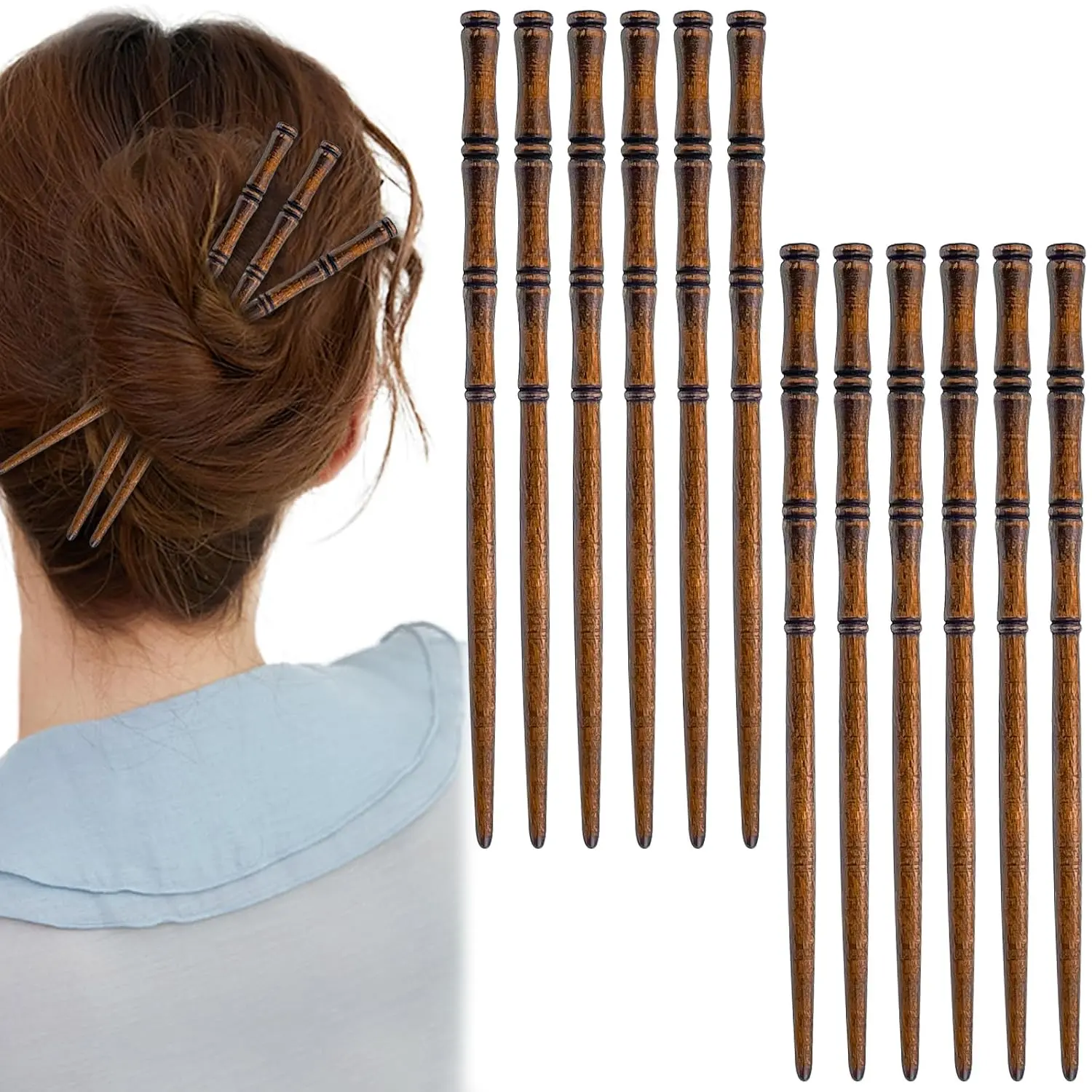 Unisex 12-Piece Bamboo-Shape Wood Hair Clip Set - Gender-Neutral No-Damage Hair Styling Accessories, Smooth Edges, Japanese-Chinese Retro Chopstick-Style Bun & Half-Up Pins, Bun Hair Pins