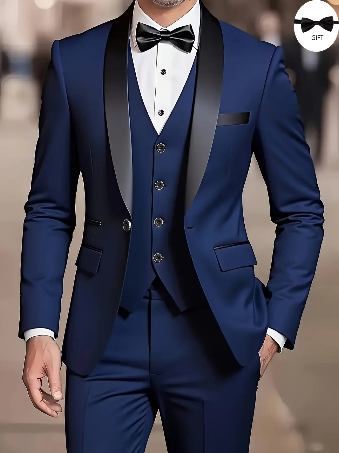 Men's Apple Collar Blazer Suits Long Sleeve 3-Piece Set, Slim-Fit Wedding Groom Tuxedo, Business Party Formal Career Wear, Menswear, Includes Tie