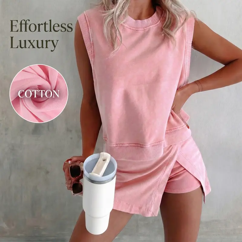 VVZ Summer Sets Women 2 Piece Outfits Shorts Tank Top and Casual Skort Lined Split Athletic Skirt Set Travel Outfit