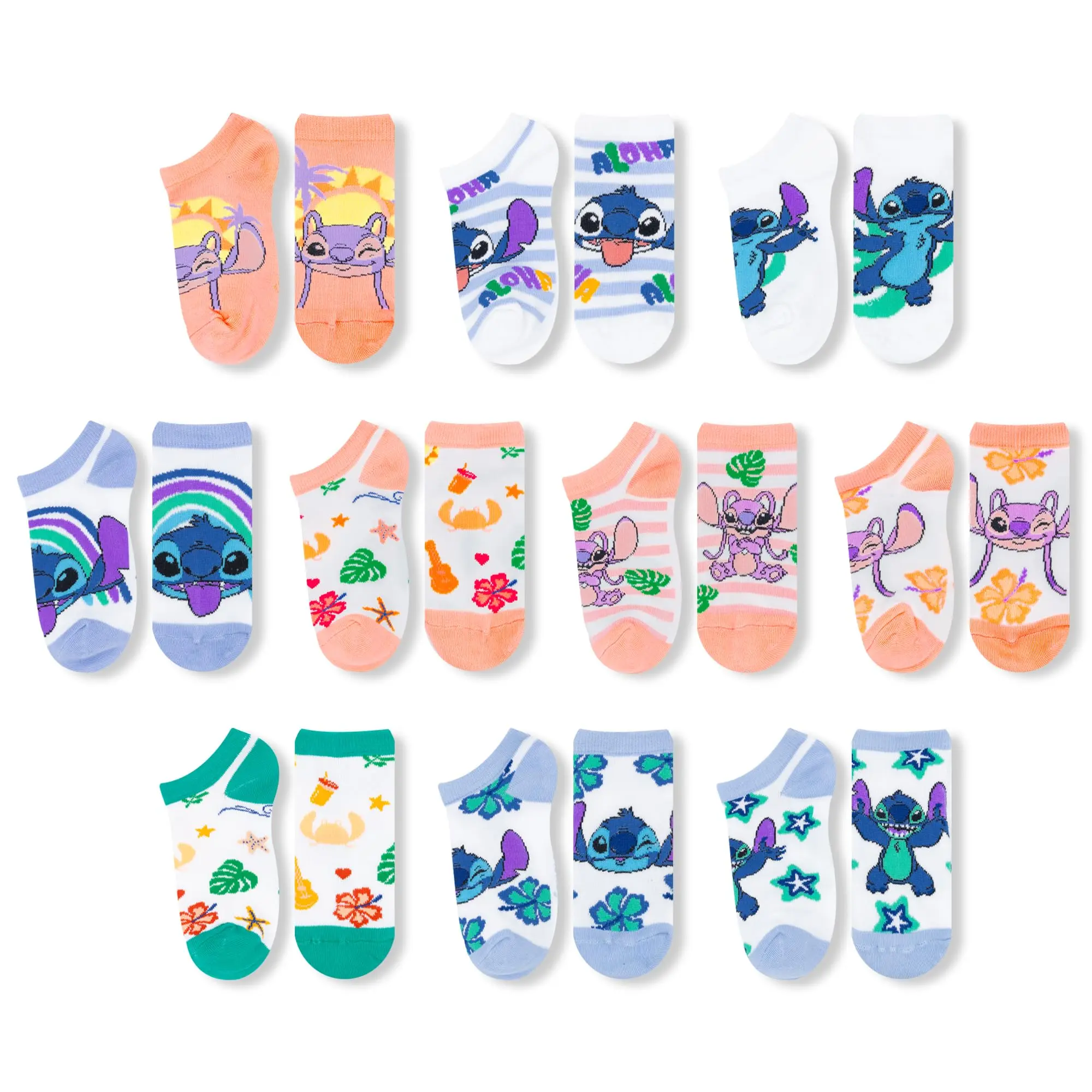 Disney Girls' Crew Socks - 10-Pack Breathable Fabric Socks with Arch Support, Princess Prints, Lilo & Stitch Designs for School Days, Birthdays, Adventures (Ages 7-14), Us, Berkshire Fashions, Stitch Assorted, All Seasons, Cartoon Character Graphic Calf S