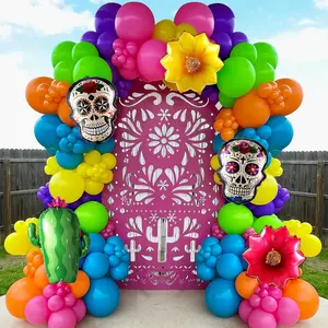 Dia de Muertos Balloon Arch Kit,160PCS  Colorful Day of the  Balloon Garland with Cactus  Sugar Skull Foil Balloons for Halloween 5 de Mayo Mexican Fiesta Party  Decorations