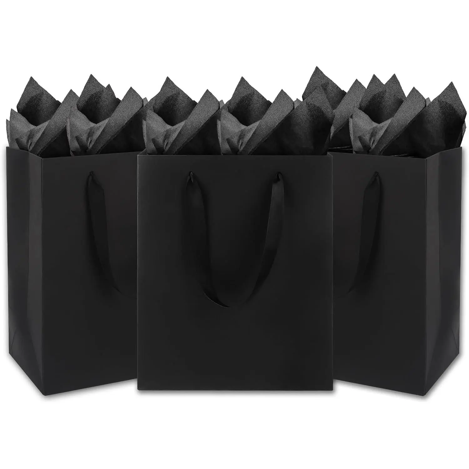 Gift Bags with Handles & Black Tissue Paper, 3-Count Medium Black Bridal Bags (8x5x10 in Blank Surface) for Wedding, Business Events, Party Favors, Goody Bags