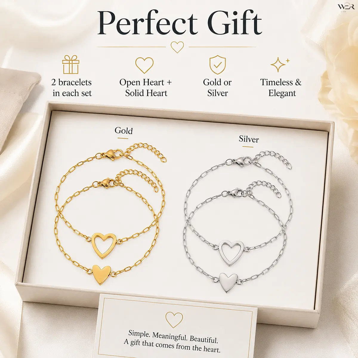 Romantic Heart Bracelet Set for Women, 2-Piece Gold or Silver Tone Statement Jewelry with Open & Solid Charms, Lightweight Adjustable (17 + 3 Cm), Ideal Womens Gifts, Accessories For Women, Romance, 2 G Each, Open & Solid Hearts, Female, Elegant, Daily