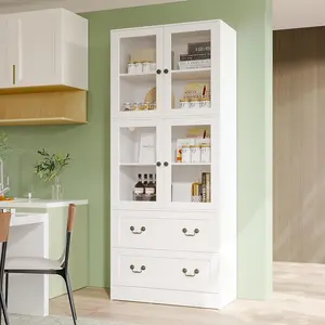 VOWNER 78.7" H Bookcase with Glass Doors, 4-Tier Bookshelves with 2 Drawers, Modern Display Storage Cabinet for Home Office, Living Room, White