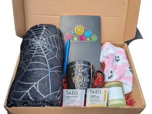 Halloween Boo Box with Throw 50x60 14oz Mug Tea Cinnamon Sticks Candle Pen Journal Crew Socks OSFM Gift Set