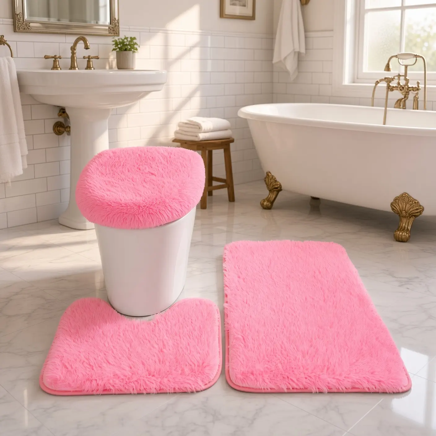 Modern 3-Piece Solid Bath Mat Set, 14.9x19" Bathroom Floor Rugs, Boxed Home Bathroom Supplies