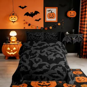 Halloween Themed Comforter Set Black Bats Animal Print Bedding Set for Women Adult,Dark Grey Color Luxury Bed Duvet Insert