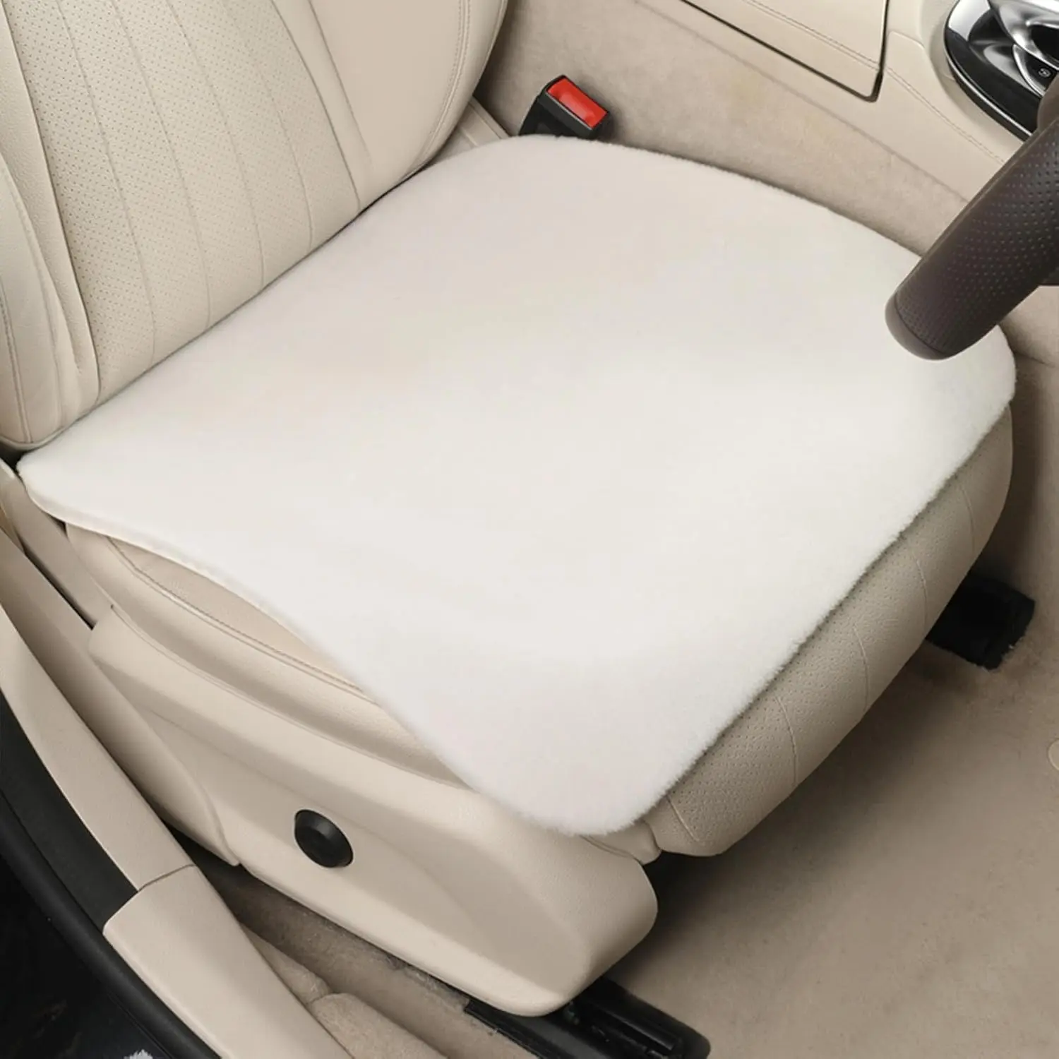 Genuine Wool Car Seat Cushion 20 Inch, 11mm Short Pile Seat Pad with Non-Slip TPE Backing for Cars, SUVs, Trucks and Office Chairs, White