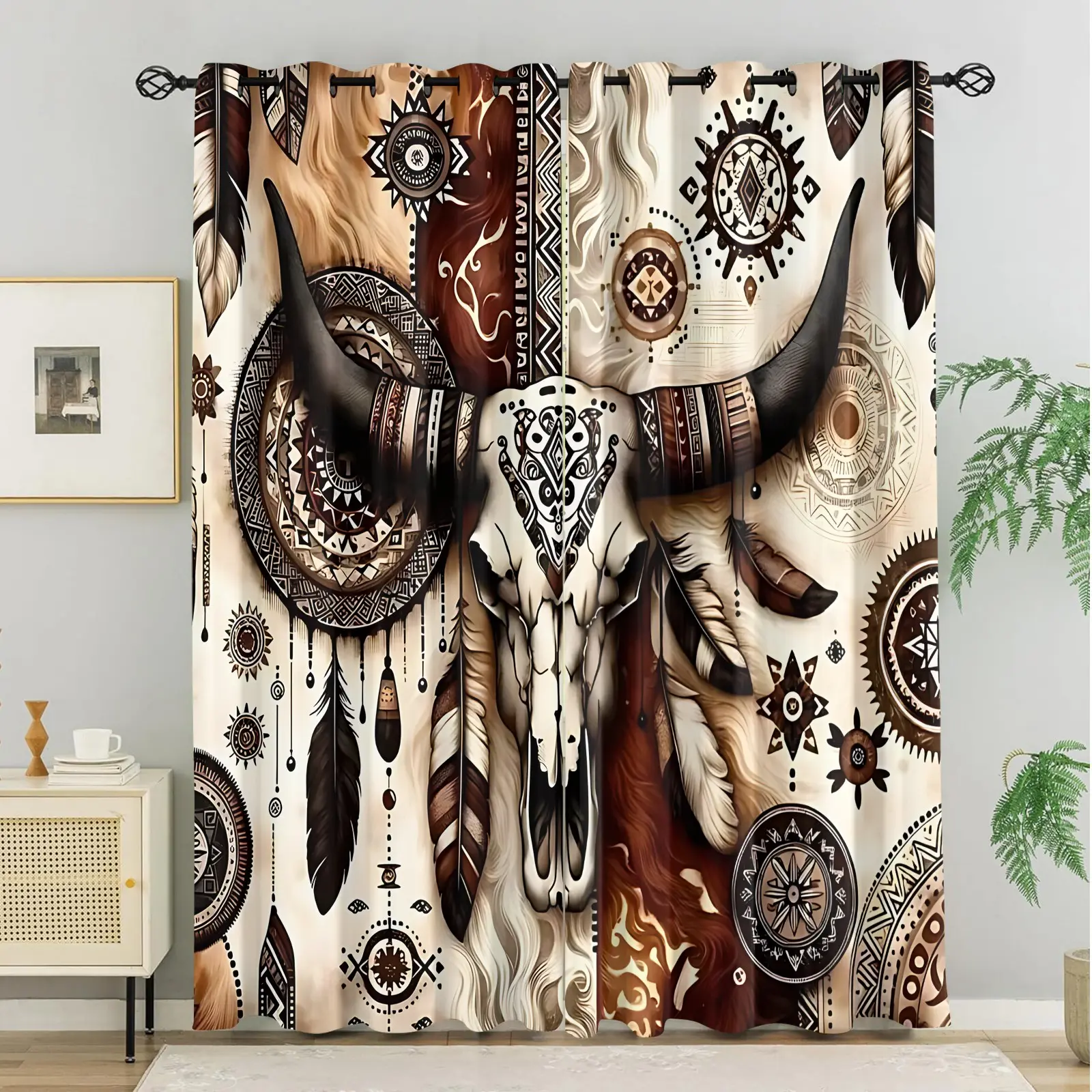 2 Pieces of Curtains Tribal Bull Skull Pattern Print Curtains, Southwestern Bohemian Geometric Pattern with Dreamcatcher and Feathers, Window Drapes, Durable Decorative Curtains for Home Decor, Home Decoration Curtain, Easy to Install with Rings