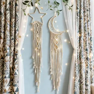 2pcs Handmade Woven Star Moon Dream Catcher Wall Hanging, Wall Hanging Design, Bohemian Macrame Wall Decor, Boho Room Decor, Farmhouse Wall Accents, Interior Decor Accessories, Hanging Wall Art for Home, Wedding, Holiday Gift (Without Light)