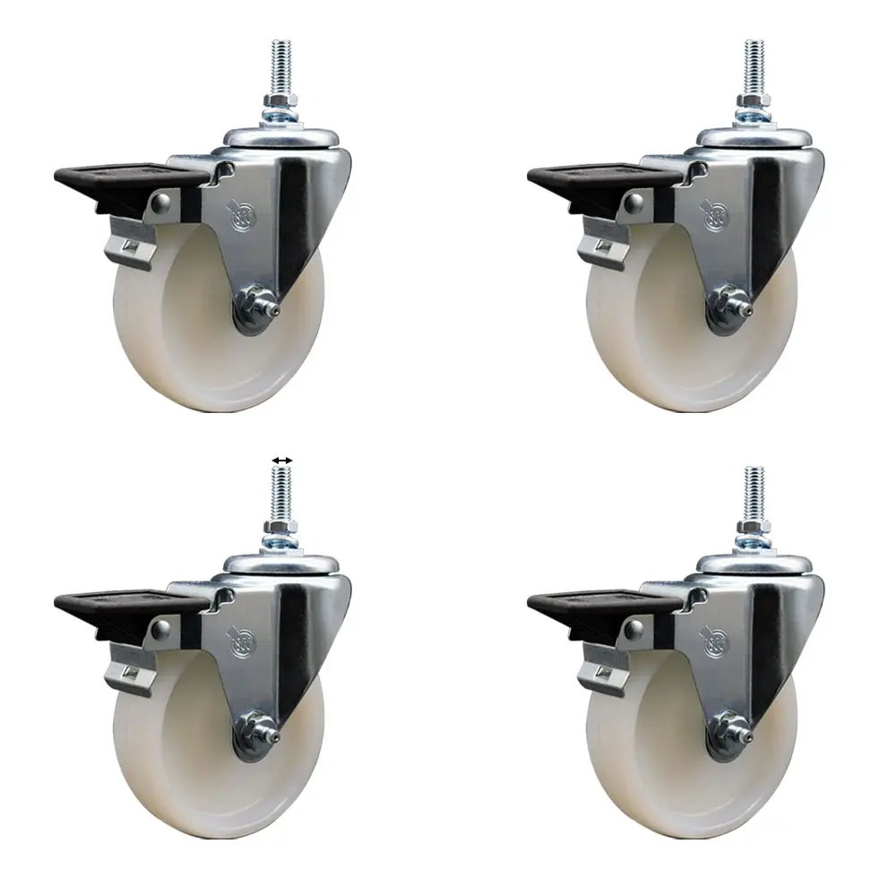Service Caster SCC-TS20S414-NYS-PLB-381615-4 Chemical Resistant Maintenance Free Threaded Stem Caster Set (4 with Posi Lock Brakes) - 4x1.25in White Wheels, 0.38in Stems, 1200 lbs Capacity, Low Rolling Resistance for Material Handling Carts, Equipment