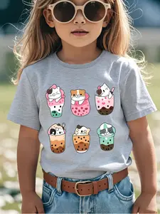 Girls' Boba Kitties T-Shirt, Cute Cartoon Print, Funny Shirt, Comfortable Soft Fabric, Fitted Casual Wear, Fashion Tee