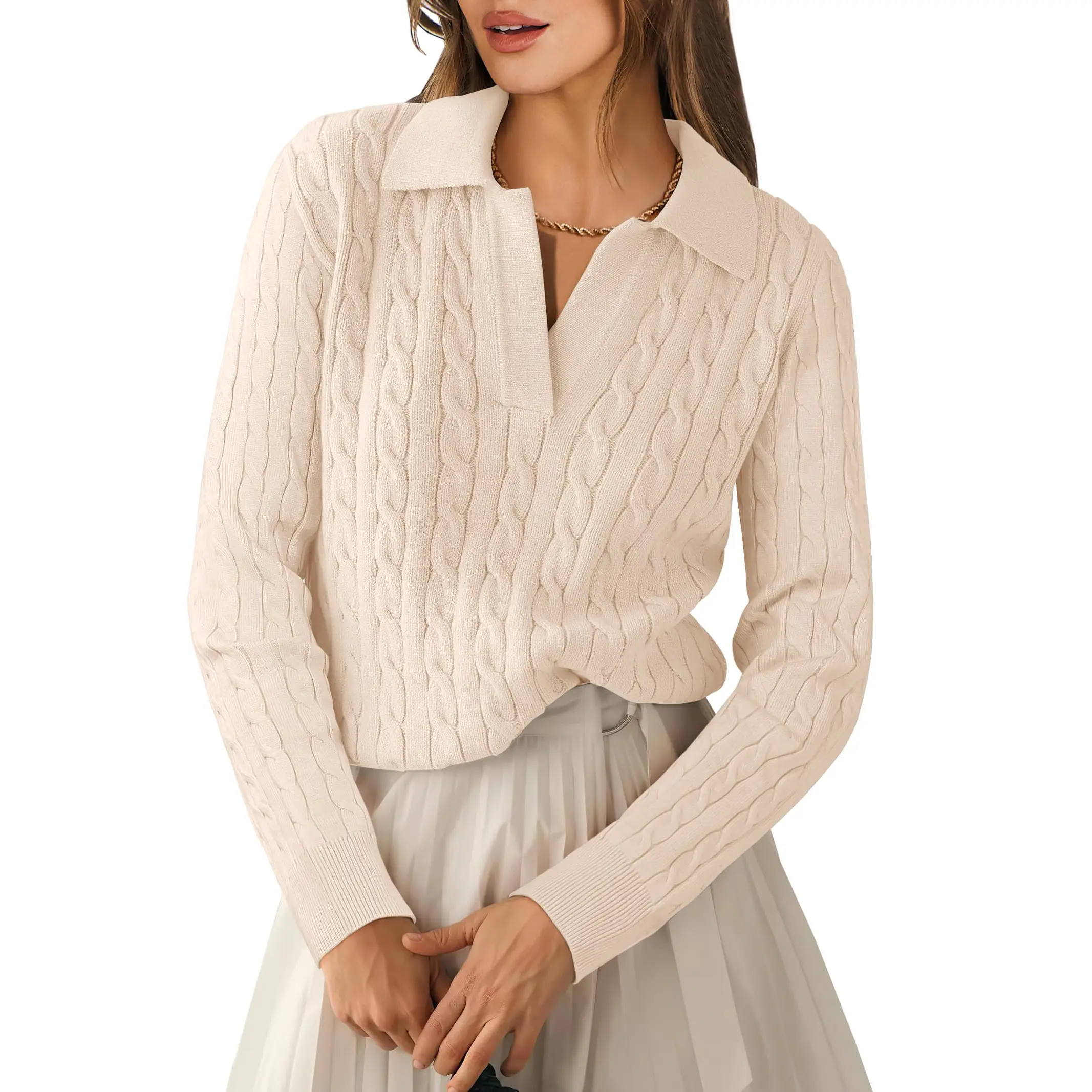 ANRABESS Womens Cable Knit Sweaters Long Sleeve V Neck Sweater Tops Casual Pullover Polo Shirts 2026 Fall Fashion Outfits