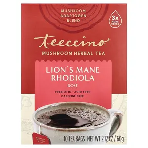 Teeccino Mushroom Herbal Tea, Lion's Mane Rhodiola, Rose, Caffeine Free, 10 Tea Bags, 2.12 oz (60 g)