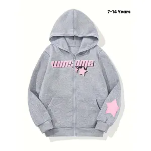 [Star Hoodie] Fleece-Lined Star And Letter Print Hoodie Jacket|       Tween Girls Casual Zip-Up Sweatshirt Outdoor