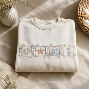 Coastal Embroidered Sweatshirt Beach Aesthetic Starfish Shell Wave Lighthouse Summer Vacation Cozy Pullover