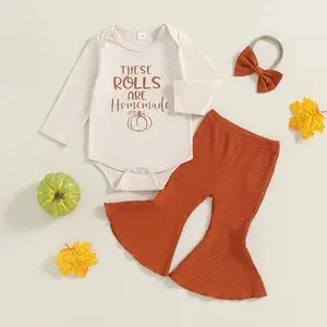 Newborn Baby Girl Fall Clothes Handmade Rolls Romper Bodysuit Flare Pants Set Infant Girl Thanksgiving Outfit