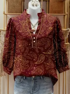 Paisley Print Holiday Blouse Womens Boho 3/4 Long Sleeve Burgundy Top Chic Casual Shirt for Christmas New Year & Valentines Day Outfit