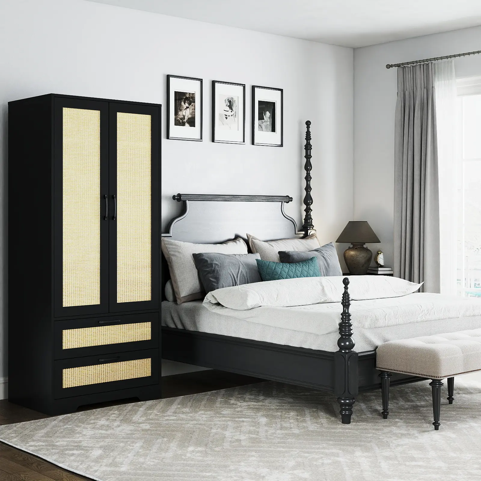Black Rattan Freestanding Wardrobe - 2 Handmade Rattan Doors, 2 Drawers, Hanging Rod - Indoor Clothes Storage Cabinet for Bedroom, Small Apartment