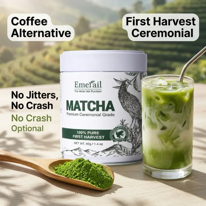 Emerail Ceremonial Grade Matcha Green Tea Powder | 100% Pure First Harvest | Unsweetened Coffee Alternative for Smooth Energy & Focus | No Jitters or Crash | Rich in L-Theanine & Antioxidants for Iced Lattes | SGS Certified Clean, 40g/60g