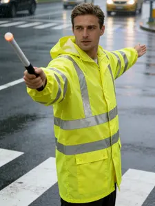 Men's High Visibility Reflective Rain Jacket, Waterproof Breathable Workwear with Two Large Pockets for Rainy Weather, Ideal for Construction and Fishing, Rainproof