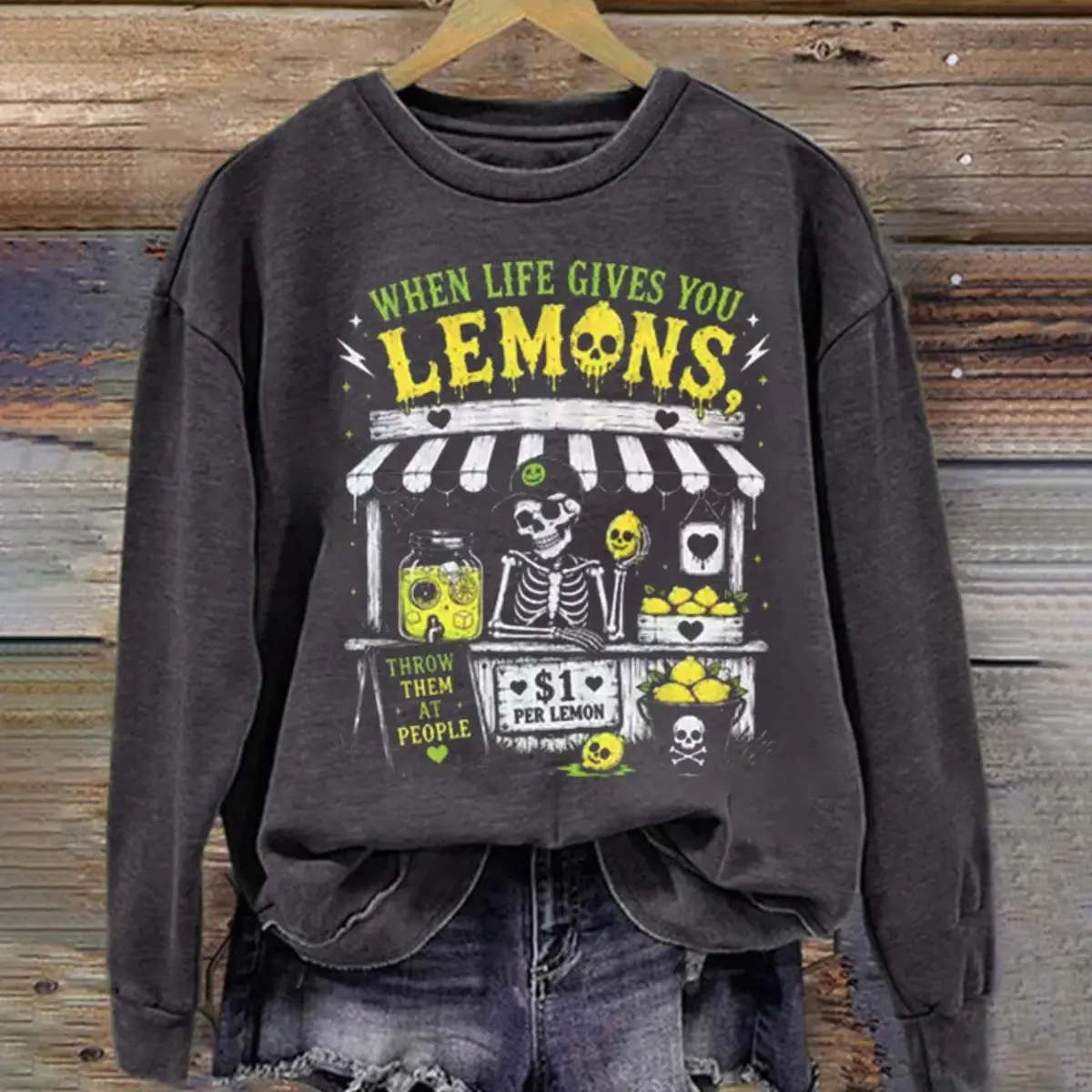 When Life Gives You Lemons Sweatshirt, Funny Skeleton Lemon Stand Crewneck, Retro Halloween Humor Sweatshirt, Spooky Season Graphic Pullover, Gothic Fall Sweatshirt, Halloween Gift