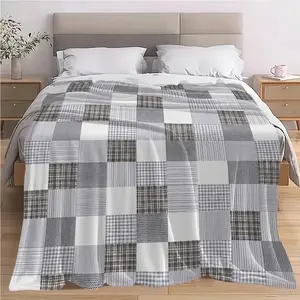 Retro gray patchwork plaid flannel blanket — sofa cover, bedspread, air-conditioning blanket. Instantly elevates the space’s retro vibe and sense of stability. A globally classic retro home element representing warmth, timelessness, and reliability. Ships