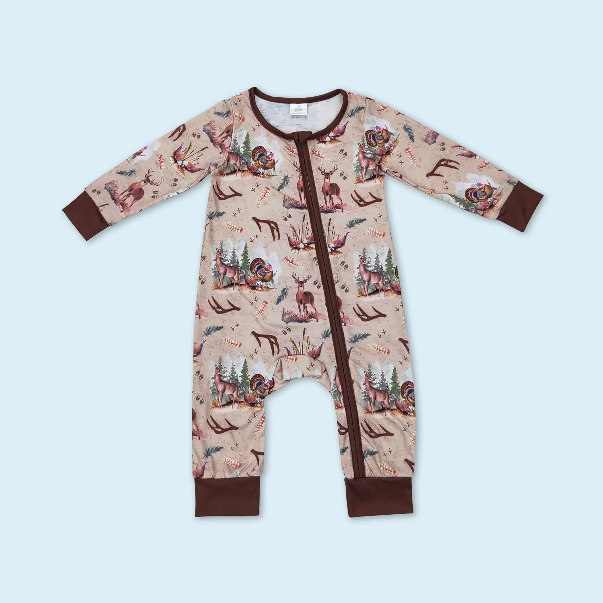 Long sleeves deer turkey baby boy zip romper