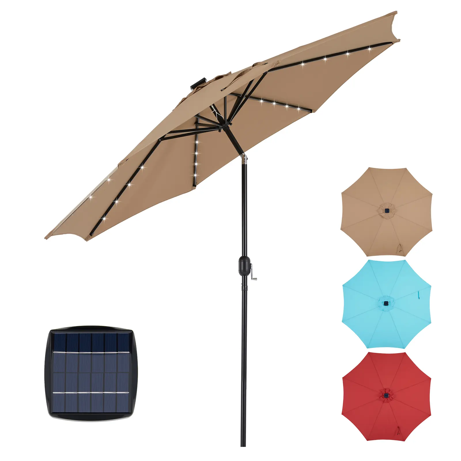 10ft Solar-Powered Polyester Patio Umbrella with 32 LED Lighting, Adjustable Tilt, UV-Resistant Fabric, Outdoor Canopy Shade, Solar Power