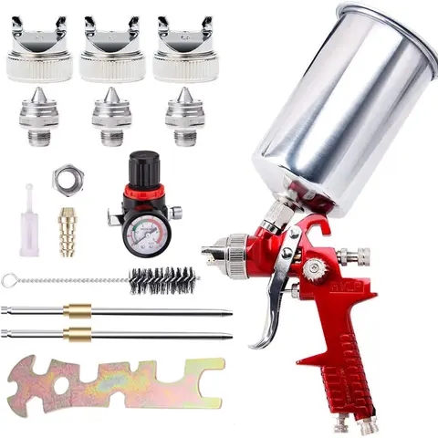 1000cc Less Waste Professional HVLP Paint Spraying Tool Full Kit - Stainless Steel, 1x Cup, 1x Wrench and Cleaning Kit, 1.4/1.7/2.0mm Brass Nozzles, Air Regulator for Auto Jobs, Furniture