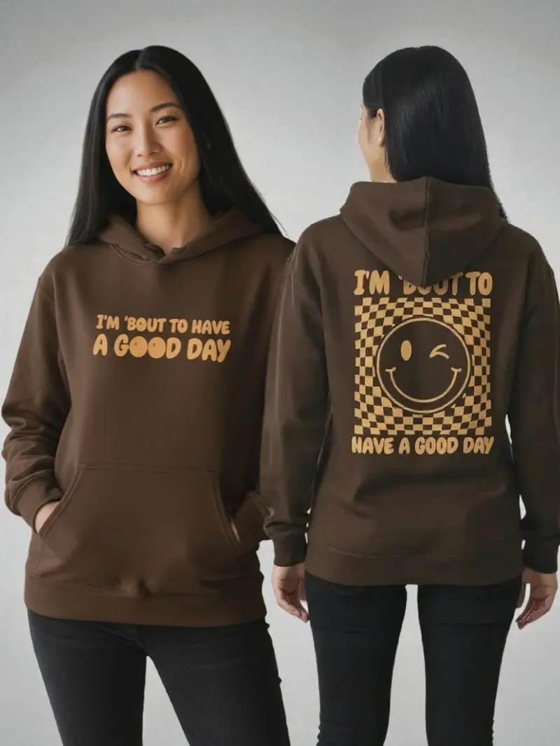 Good Day Smiley Emoji Brown and tan comfy hoodie with puff lettering hooded pullover