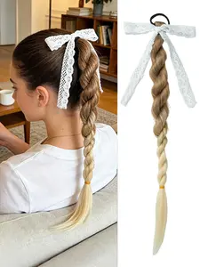 Braided Ponytail Extension with Lace Bow, Ombre Light Blonde Twist, K-Pop Y2K Style, Halloween Cosplay, Easy Install