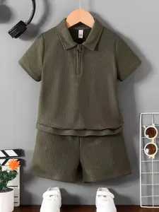 Boys' Summer New Set, Collar Zip Polo Shirt Short Sleeve with Comfortable Breathable Shorts, Soft Ribbed Fabric, Casual Outdoor Wear
