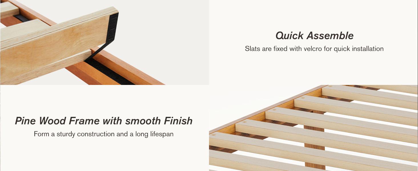 Queen Size Wood Bed Frame, 12in Platform Mattress Foundation with Support Slats, Natural Pine Color, Easy Assembly, No Spring Needed