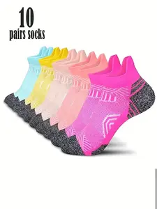 10 Pairs Colorful Striped Casual Comfortable Versatile Sports Socks, Stylish Low Cut Design, Perfect for Daily Wear & Active Use, Track Socks