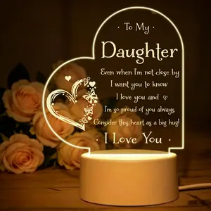 2D Heart Acrylic Night Light for Daughter, USB Warm White LED Lamp with Love Quote, Personalized Birthday Gift for Daughter, Bedside Home Decor Nightlight Led Mood Lamp