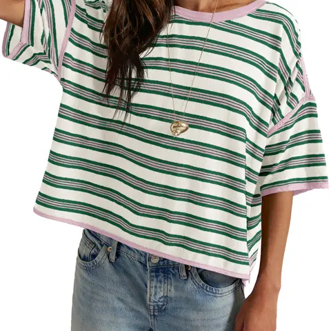 TANKANEO Women's Oversized Striped Crew Neck Shortsleeve Casual T-Shirt - Loose Boxy Tops for Women, Denim Jeans Pairing, Everyday Style
