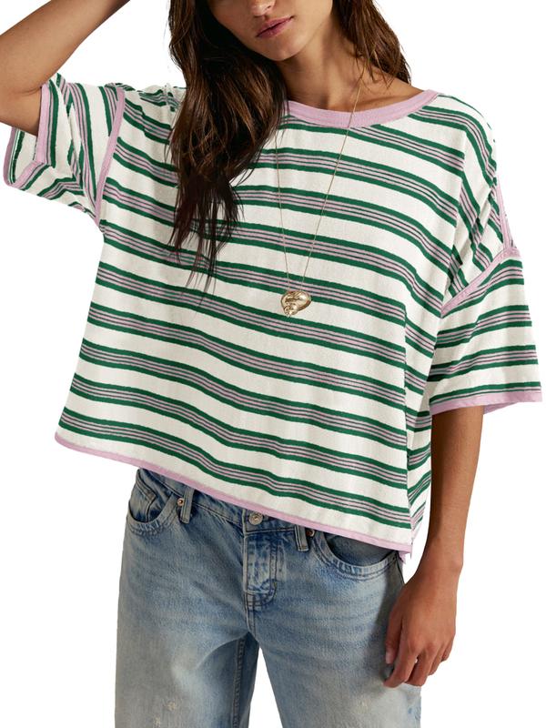 TANKANEO Women's Oversized Striped Crew Neck Shortsleeve Casual T-Shirt - Loose Boxy Tops for Women, Denim Jeans Pairing, Everyday Style