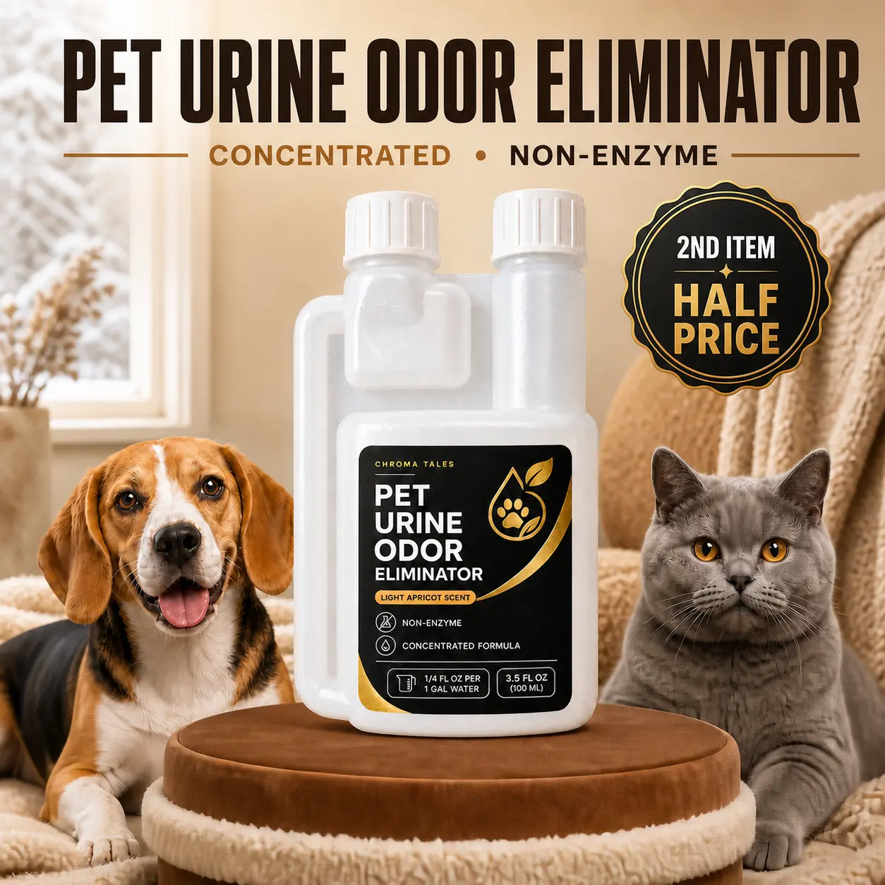 [Second Item Half Price] PAWSURD 3.5 fl oz (100 mL) Concentrated Pet Urine Cleaner, Non-Enzyme Plant Extracts Odor Control Formula, Gentle Apricot Scent for Sensitive Noses, for Litter Boxes & Floors, Single Bottle