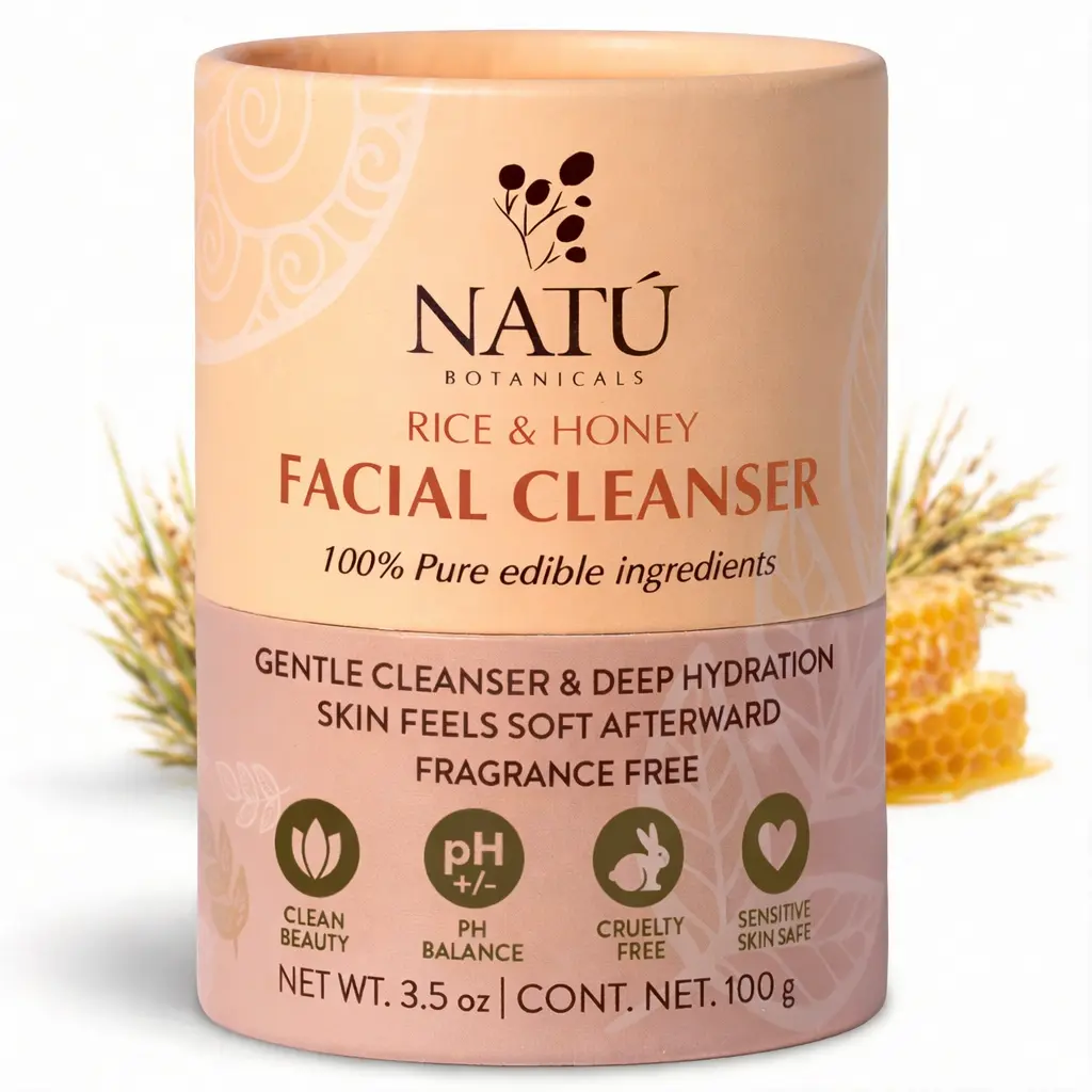 Natu Botanicals Rice & Honey Rejuvenating Facial Cleansing Powder - 3-in-1 Gentle Daily Cleanser, Scrub, Mask - Calming, Radiant Skin, Gently Exfoliates, Nourishes - For All Skin Types, Natural Skincare