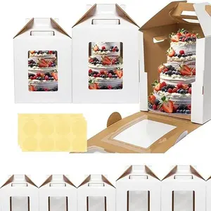 6 Pack Tall Safe Cake Boxes with Window, 2 Sizes, Disposable Tiered Cake Carriers with Handle for Safe Transport
