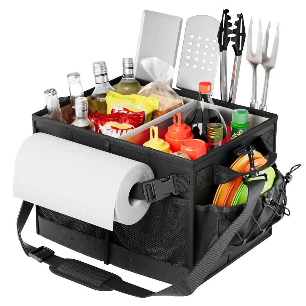 Outdoor Grill Organizer with Paper Towel Holder, Portable BBQ Caddy for Condiments and Utensils, Hanging Hooks for Tools and Towels, Ideal for Patio, Camping, Tailgating, Picnic, and Kitchen Countertop