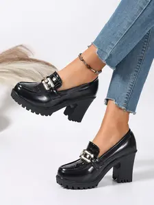 Women's New Spring Autumn Retro Style Glossy Crocodile Pattern Metal Buckle Chunky Heel Thick Sole High Heels, Classy Stylish Casual Daily Wear